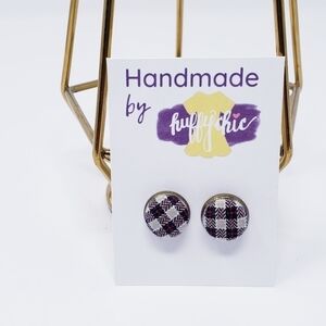 New Handmade | Red & Tan Plaid Button Stud Earrings